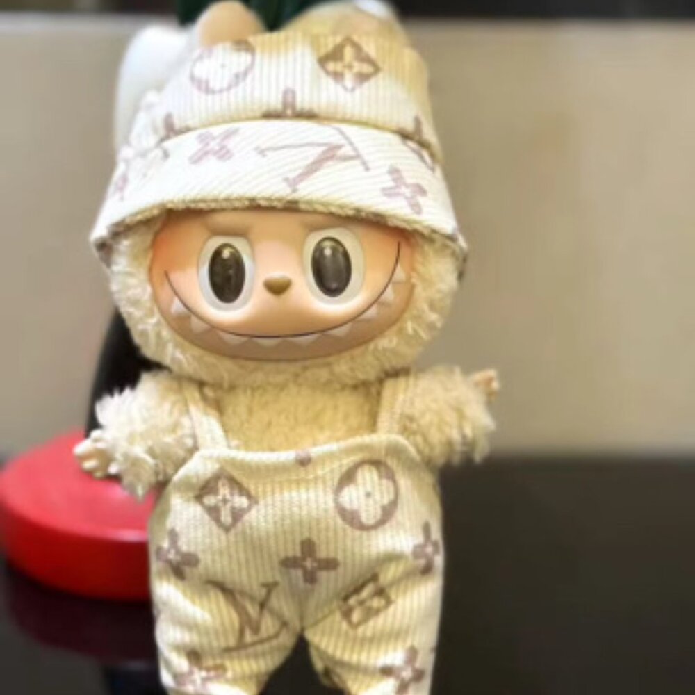 Cream Patterned Labubu Clothing Set - Beige Overalls and Beanie